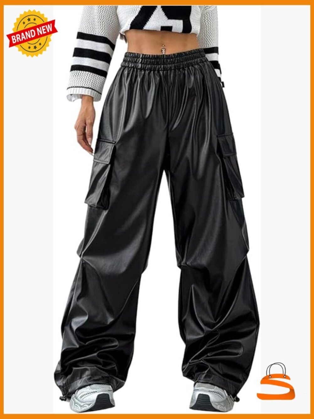 PU Leather Baggy Cargo Pants Elastic High Waisted Wide Leg Y2k Trousers